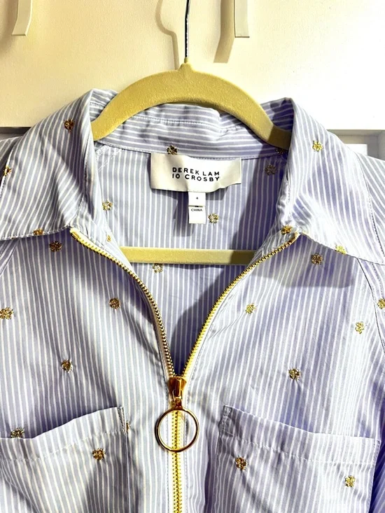 Derek Lam 10 Crosby Blue Striped Embroidered Gold Shirt Dress Size 4 - Picture 3 of 7
